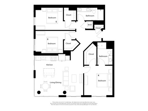 Floor plan for 3 beds, 2 baths, 1432 sqft